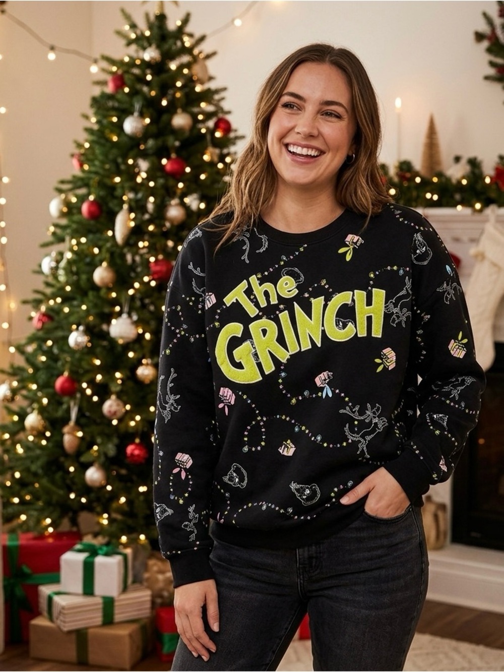 Dr. Seuss Black Crewneck Sweatshirt with Neon Green 'The Grinch' Graphic